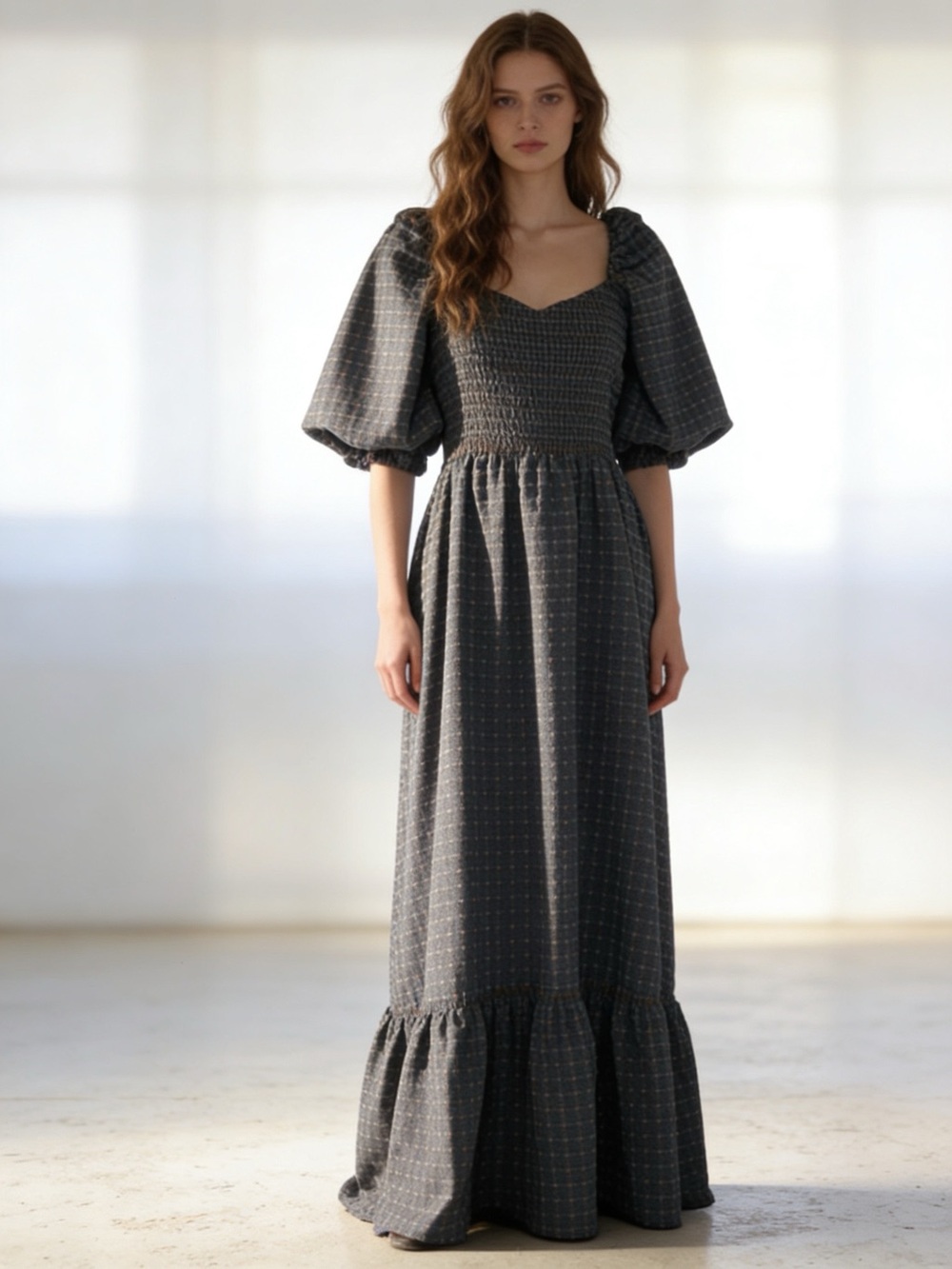 WAYF Plaid Smocked Puff Sleeve Maxi Dress Size L Cottagecore Prairie